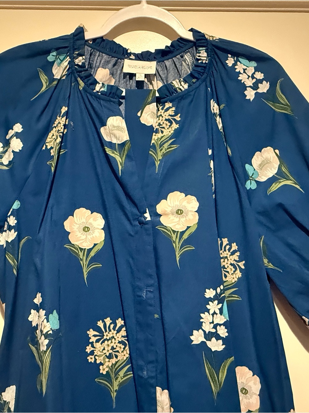 Sugarlips Teal Floral Ruffle-Neck Blouse